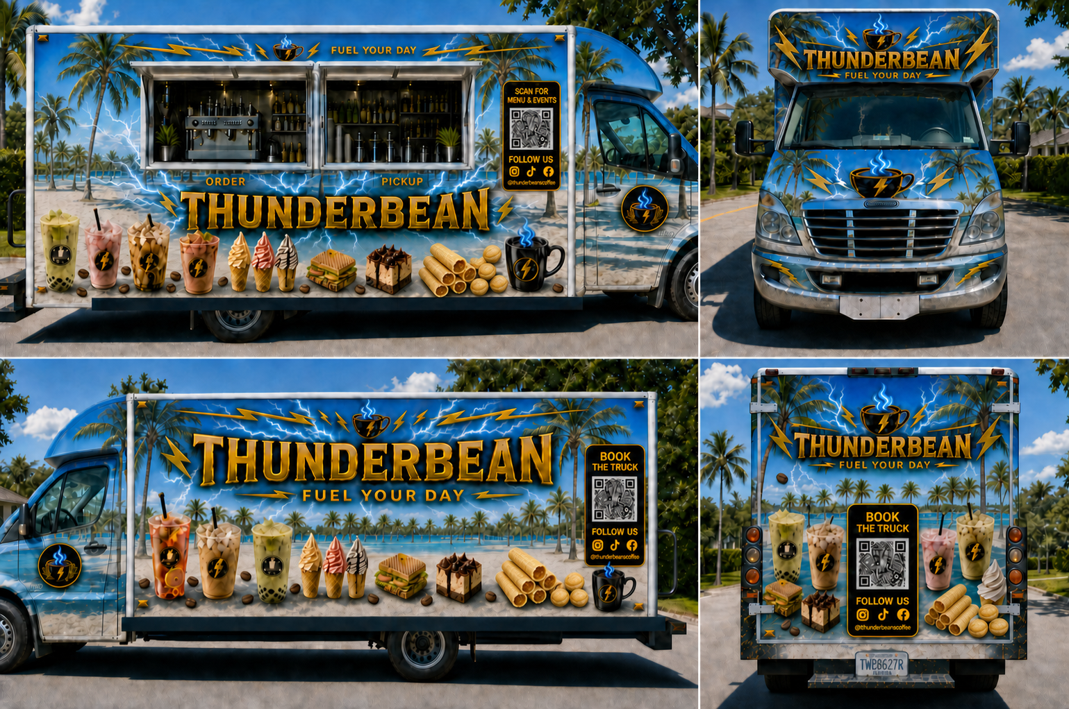 Approved Thunderbean truck wrap with the full product lineup and lightning shown from four sides